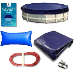 Pool Cover Bundle 24ft Round Cover + Pillow | 10% Thicker | Complete Above Ground Closing Kit | PoolProtect Pro Premium Cold- and UV-Resistant | Protectera (Blue, 24ft + 4x8 Pillow)