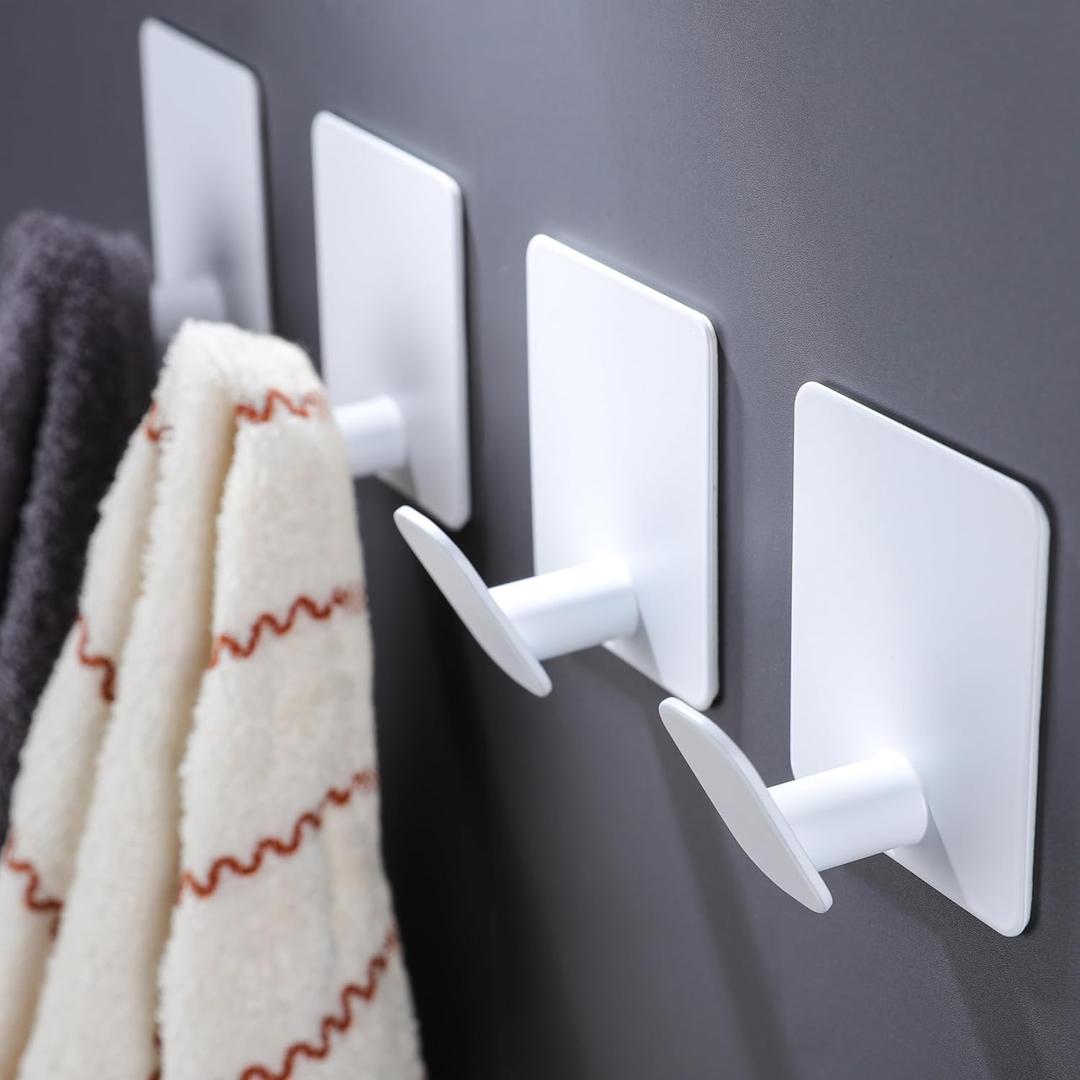 DELITON Adhesive Towel Hooks/Bathroom Wall Hooks - White Heavy Duty Self Adhesive Hooks Stick on Hanging Robes Coats Clothes for Bedroom Kitchen Door, Stainless Steel 4 Pack