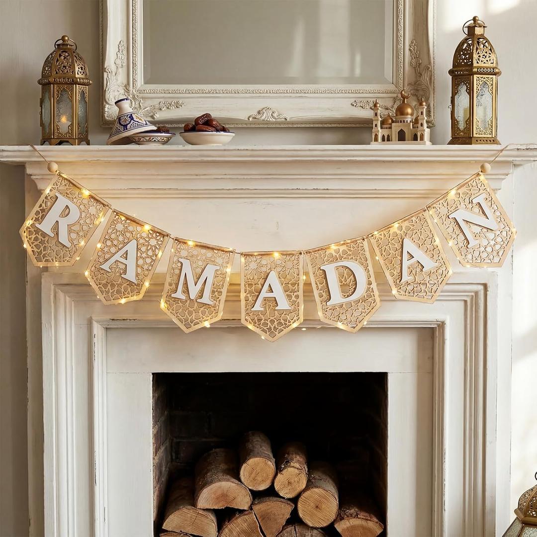 Moukeren Ramadan Mubarak Banner Wooden Decorations, Ramadan Home Banner Decor with 30 LED String Lights and Battery Operated for Home, Fireplace, Wall, Muslim Islamic Eid Party Gift