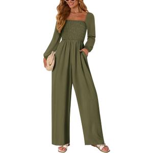 KIRUNDO Jumpsuits for Women Dressy Casual One Piece Long Sleeve Wide Leg Long Pant Rompers With Pockets 2025 Fall Outfits (Green, XL)
