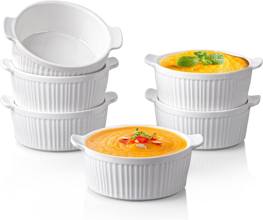 Delling Ramekins with Handle, 6 PACK Soup Bowls for French Onion Soup, Pot Pie, Lava Cakes, Creme Brulee, 6 Oz Porcelain Souffle Dish for Baking, White