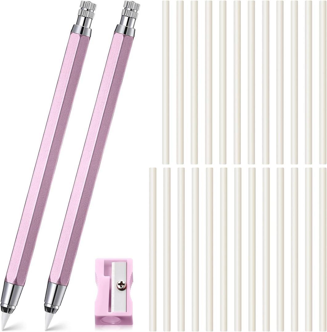 Motiskyy 28 Pcs Chalk Pencil Refillable Cartridge Set, Sewing Tailors Chalk and White Refill Tailors Pencil for Marking Fabric Quilting Embroidery DIY Crafts (Metal,Pink)