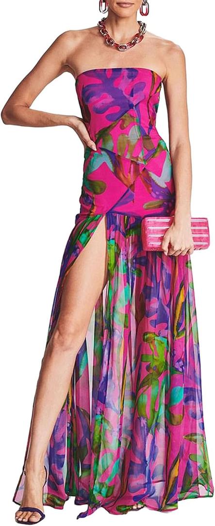 Women Tube Top Dress Slim Strapless Backless Mesh Leopard Print High Slit Long Dress Party Club Night Dress, M