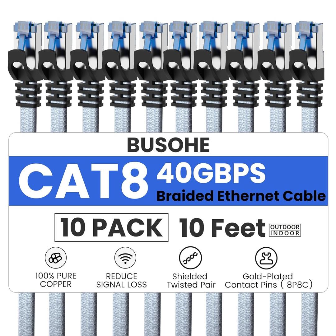 BUSOHE Cat 8 Ethernet Cable 10 FT 10 Pack, Nylon Braided High Speed Heavy Duty Network LAN Patch Cord, 40Gbps 2000Mhz SFTP Shielded RJ45 Flat Internet Cable for TV/PC/Router, in Wall, Indoor, Outdoor