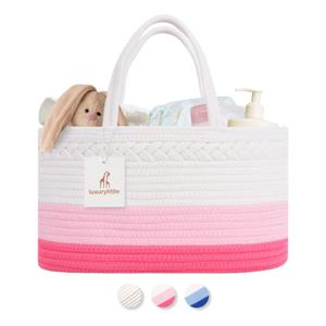 luxury little Diaper Caddy Organizer, Large Cotton Rope Nursery Basket, Changing Table Organizer for Baby Diaper Storage, Portable Car Organizer with Removable Divider, Baby Shower Gifts - Pink (Off White and Pink)