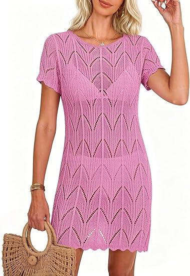 Falechay Womens Cover Ups Crochet Beach Bikini Cover Up Short Sleeve Knit Mesh See Through Swimsuit Coverup Cutout Loose Fit Summer Resort Vacation Outfits Pink S