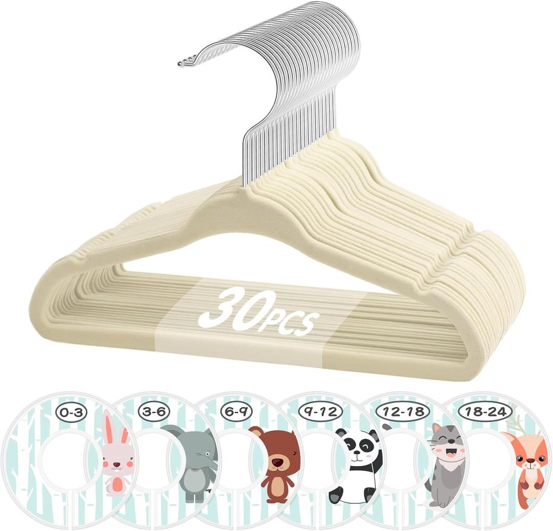 VIS'V Baby Hangers, 11 Inch Velvet Kids Hangers with 6 Pcs Clothes Size Dividers, Infant Toddler Nursery Closet Organization, Non Slip, Beige, 30 Pcs