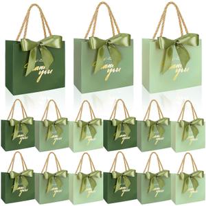 Whaline 60Pcs Thank You Paper Gift Bags with Bow Gradient Sage Green Party Favor Bags with Handles for Wedding Bridal Baby Shower Birthday Party