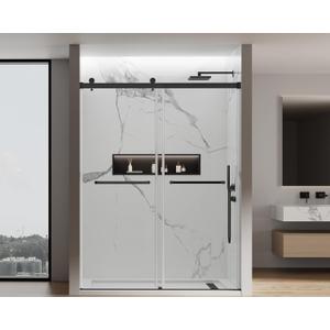 Double Sliding Frameless Shower Door, 56-60 in. W x 76 in. H, Door, 5/16" (8mm) Tempered Glass, Nano Coated for Easy Cleaning, Dual Handles, 304 Stainless Steel Hardware  JVR-A04 Matte Black