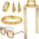 Sasylvia 4 Pcs 70s Disco Accessories Halloween Women Costume Jewelry Sequin Scarf Earrings Sunglasses Bracelet Headband