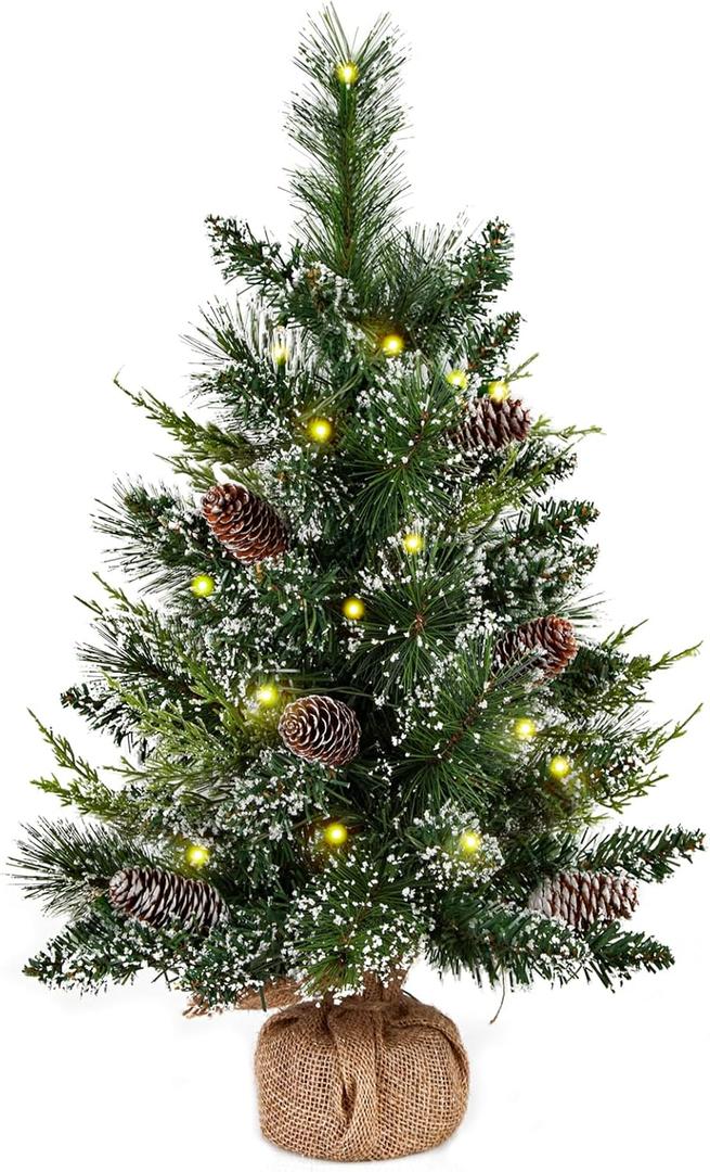 deeinglif 2ft Mini Christmas Trees 24" with LED Lights and Pine,Tabletop Branches Cones and Cloth Bag Base Home Party Dining Room Window Decoration for Christmas