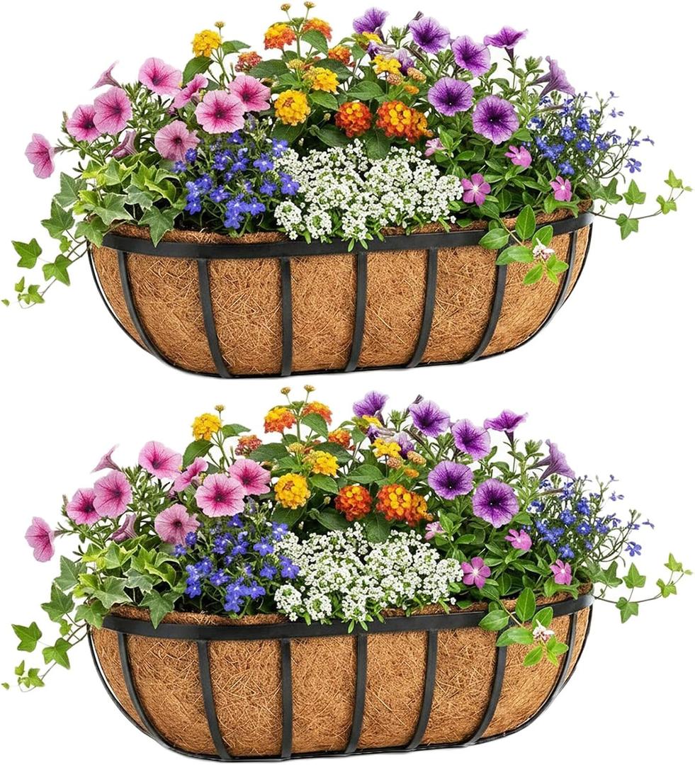 24 Inch Railing Planter Boxes 2 Pack Metal Window Box Planters with Coco Coir Liners, Horse Trough Planter with Adjustable Brackets for Deck Balcony Fence Porch Patio Outdoor Garden, Black