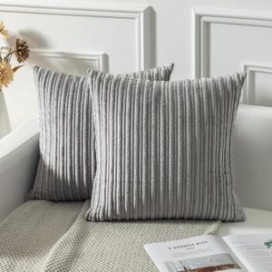 Kevin Textile Set of 2 Super Soft Striped Corduroy Velvet Decorative Euro Throw Pillow Sham Cushion Cover for Baby, 16x16 inch(40cm), Light Grey