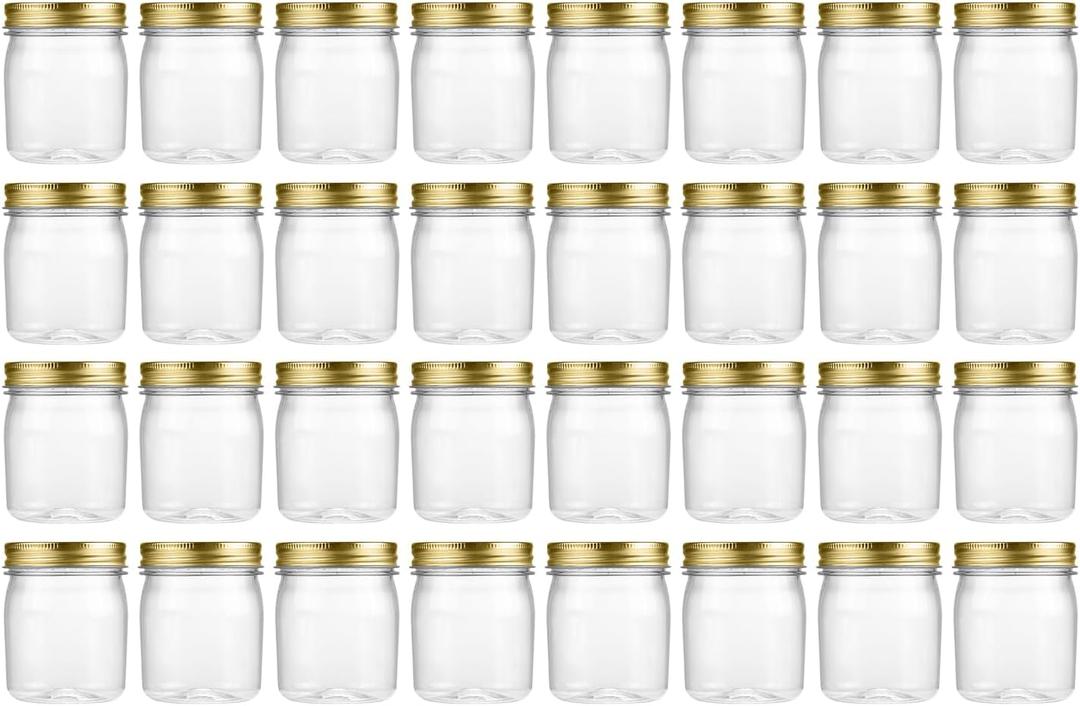 novelinks 8 oz Clear Plastic Jars with Airtight Lids, 32 Pack Plastic Mason Jars with Lids 8oz, Refillable Storage Slime Containers & Small Spice Jar for Kitchen Organization (32 Pack,Gold)