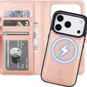 Bocasal for iPhone 17 Pro Wallet Case Compatible with MagSafe Wireless Charging, RFID Blocking Magnetic Leather Case with Card Slots Holder Kickstand Detachable Wrist Strap 6.3 Inch (Rose Gold)