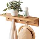 Oak Wood Coat Rack Wall Mount With Shelf 20 Inch Long, 5 Hooks, Floating Entryway Wall Shelf for Bathroom, Hallway, Living Room