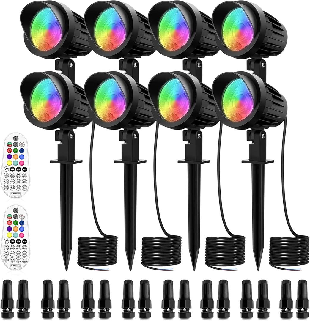 MEIKEE 7W RGB Landscape Lights, DC/AC 12V 24V Low Voltage Landscape Lighting, RGB Color Changing Spot Lights IP66 Waterproof for Christmas Halloween Decoration 8 Packs