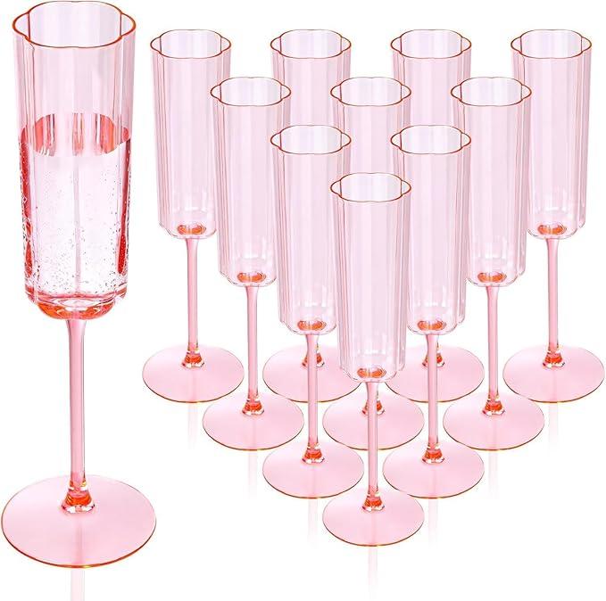 YOUBET 36 Pack Pink Champagne Flutes Plastic  6 Oz Flower Wavy Champagne Plastic Glasses  Heavy Duty Vintage Disposable Flutes for Wedding Party Birthday Mothers Day