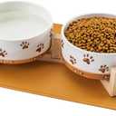 Ceramic Dog Bowls, 3.5 Cups Dog Food and Water Bowl Set for Medium Dogs with Wooden Stand and Non-Slip Silicone Food Mat, Weighted Embossed Cute Puppy Bowls Feeding Dishes Set of 2, 32 OZ (4 .0 Cups)