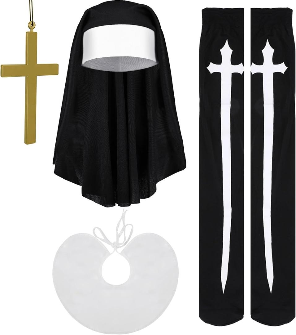 Geyoga Halloween Nun Costume Hat Nun Habit Costume Accessory Set for Women (Black Cross Print Stocking)