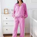 Flygo Womens Plaid Pajamas Sets 2 Piece Cotton Pj Set Puff Sleeve Ruffle Babydoll Shirt Gingham Pants Lounge Sets (Pink, XS)
