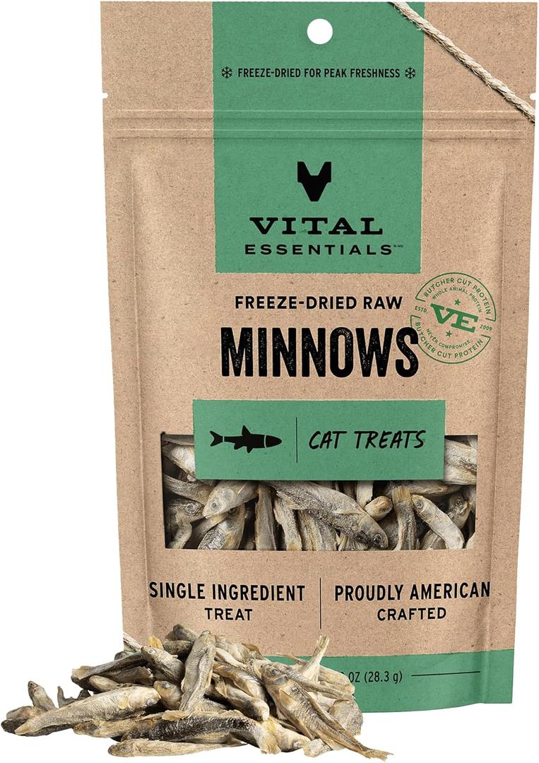 Vital Essentials Freeze Dried Minnows Cat Treats | Single Ingredient | Premium Quality | Grain Free, Healthy Treats for Cats, 1 oz Bag (EXP 03/19/28)