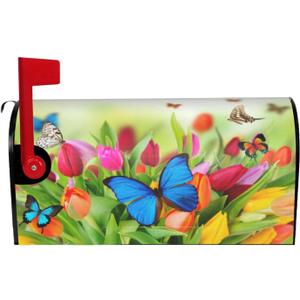 Spring Flower and Butterfly Mailbox Cover Magnetic Tulip Floral Waterproof Mail Wraps Post Letter Box Covers for Outdoor Garden Use 25.5x21 in