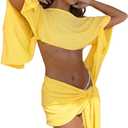 Women's Summer 2 Piece Outfits Sexy Off Shoulder Crop Tops with Asymmetric Twisted Knot Mini Skirt Beach Cover Ups Set (Yellow) Small