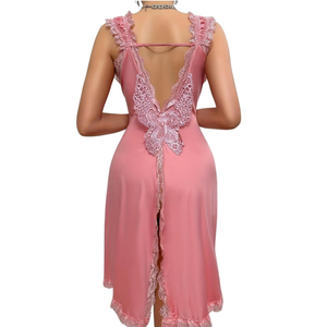 EHSUTAB Women Sexy Chemise Nightgowns, Back Slit Backless Butterfly Sleeveless Lingerie Sleepwear, Full Slip Lace Trim Dress Small