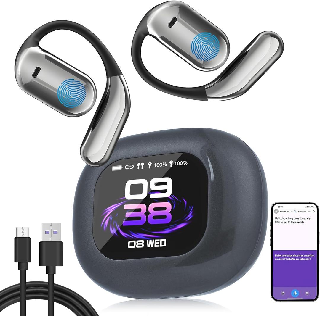 AI Real-Time Translation Earbuds, OWS LCD Touchscreen 3-in-1 Language Translator Earbuds, 144 Languages Multi-Mode Translator Earbuds for Travel Business and Learning, Compatible with iOS (Grey)