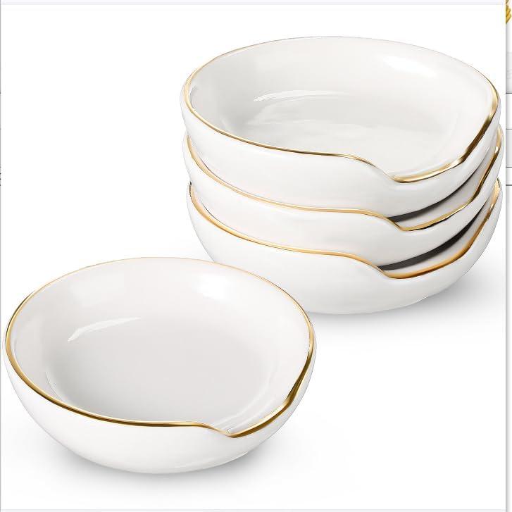 Boao 2.7 Inches Mini Ceramic Spoon Rests, Gold Rim Kitchen Spoon Rests, Mini Cooking Season Soup Holder for Stove Top Countertop, Teaspoon Rest, Coffee Stir Rest (White, 4 Pieces)