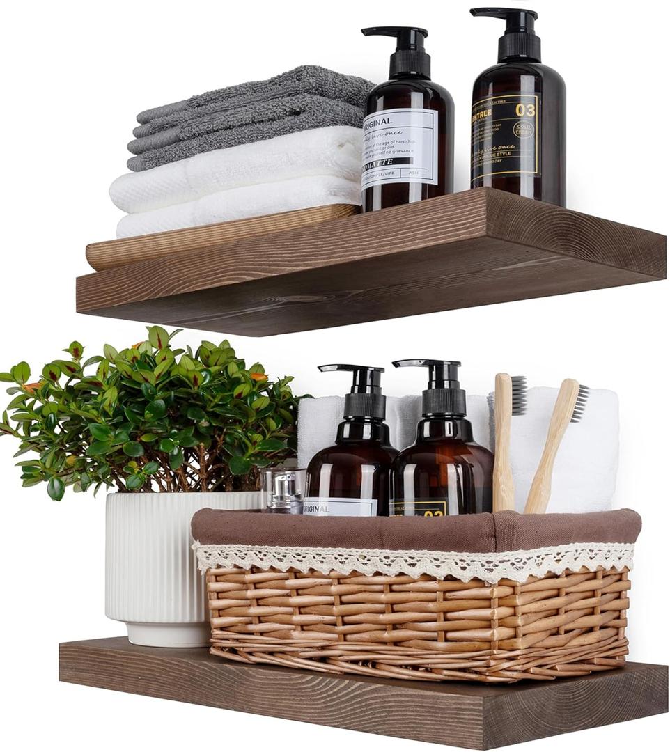 BGMG Wood Floating Shelves for Wall 18 inch Set of 2, Rustic Wooden Wall Mount Shelves for Bathroom Living Room Bedroom Kitchen Farmhouse -18x 6.7 x1.25 inch- Walnut Color