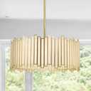 Gold Drum Chandelier 4-Light, Modern Drum Pendant Lighting Fixture with Tiffany Glass Shade, 16 Round Ceiling Hanging Light for Bedroom Dining Room Kitchen Entryway Living Room (Gold) (Creme White Glass with Gold Edge)