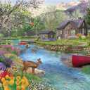 Bits and Pieces - 500 Piece Jigsaw Puzzle for Adults 18" x 24" - Spring Cabin - 500 pc Forrest River Boat Pier Flower Tree Nature Bloom Jigsaw by Artist Bigelow Illustrations