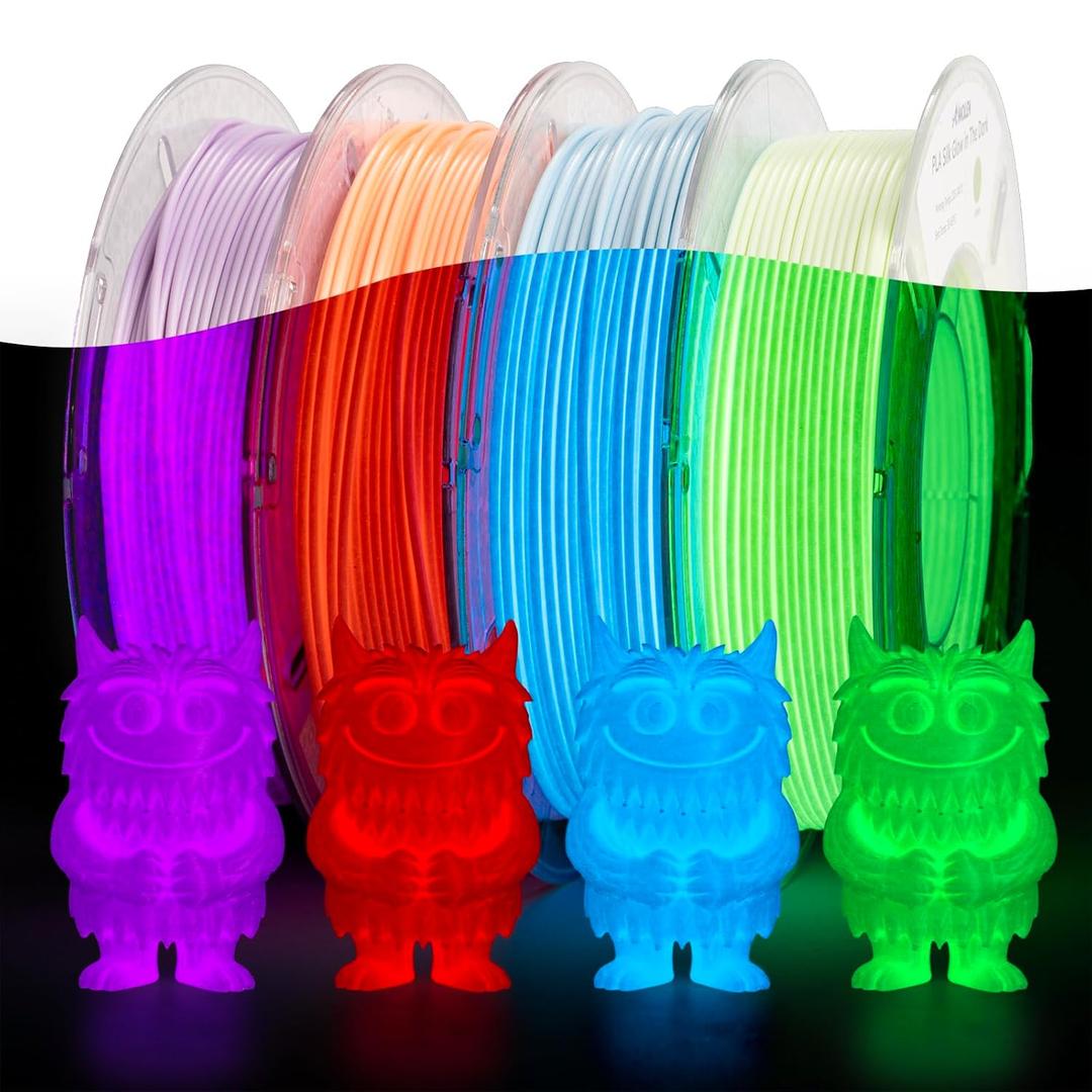 AMOLEN Silk Glow in The Dark Filament Multicolor, Glow Filament Silk Green, Silk Blue, Silk Purple, Silk Orange Red 1.75mm PLA Filament, Dimensional Accuracy +/- 0.02 mm, 200g X 4 Pack