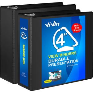 ViVin Durable 4 inch D Ring View Binder, Large 5" Slant-D Ring with 950-Sheet Capacity, Fit 8.5" x 11" Paper, 2 Pack(Black)