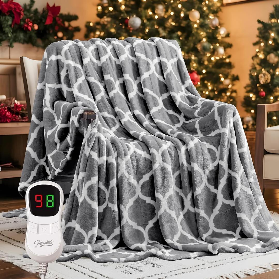 Homemate Heated Blanket Electric Throw - 50x60 Heating Blanket with 10 Fast Heat Levels 8 Hours Auto Off Soft Cozy Flannel Over-Heated Protection ETL Certification Keep Warming in Home (Grey Geometry)