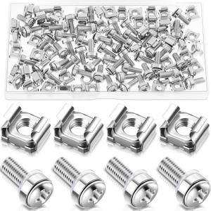 100 Sets M6 x 20 mm Rack Mount Cage Nuts, Screws and Washers for Rack Mount Server Cabinet Stainless Steel Silver Mounting Screws and Square Insert Nuts for Server Mounting Routers Shelves