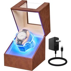 ANWBROAD Watch Winder for Automatic Watches, Quiet Motor Flexible Watch Pillows, 4 Modes Automatic Watch Winder box, Rotating Watch Case with Battery or Type-C Adapter Brown UJWW006Z