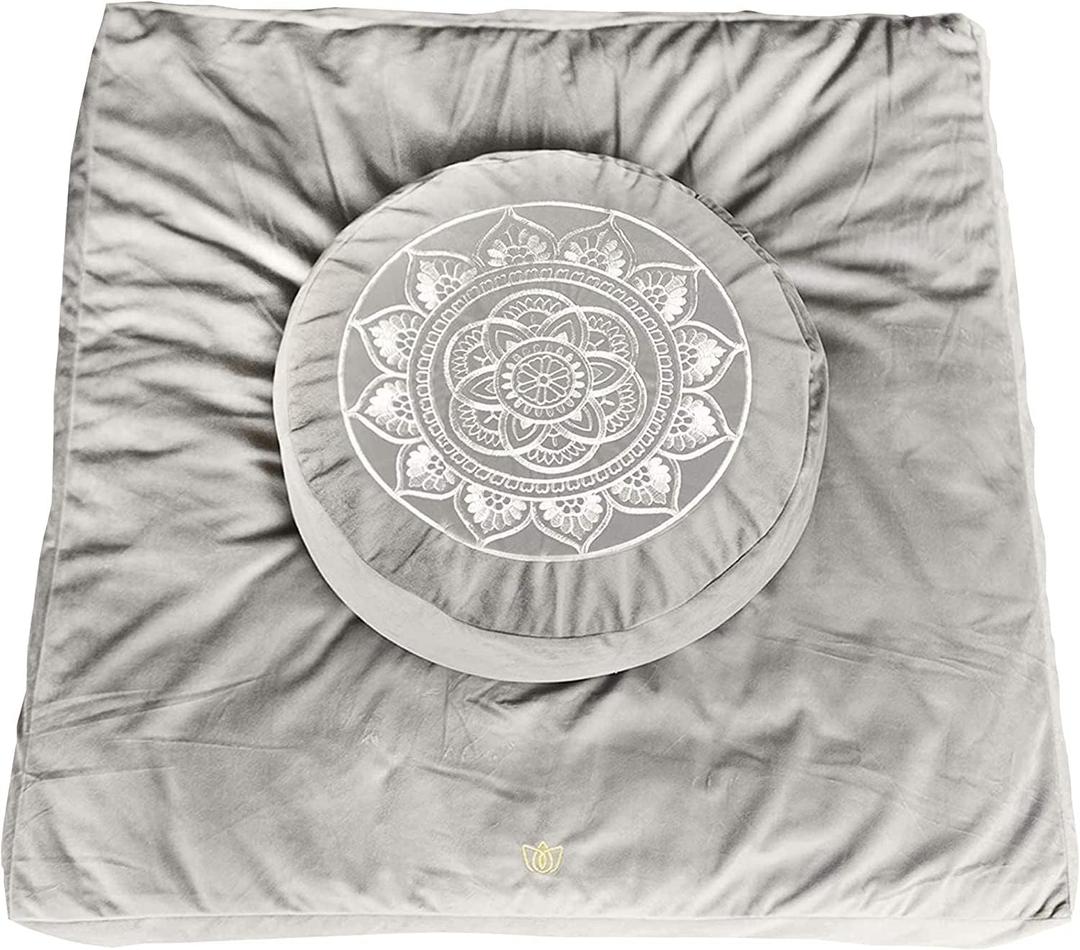 Florensi Meditation Cushion - Comfortable Floor Pillow - Traditional Tibetan Meditation Pillow with Beautiful Velvet Cover - Large Floor Cushion Seating for Adults - Premium Yoga Buckwheat Bolster (Grey Bundle)