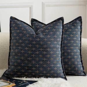 MANDIOO Pack of 2 Burlap Linen Throw Pillow Covers Woven Textured Modern Farmhouse Cushion Covers Pillowcase Decorative Couch Sofa Bed Living Room 16 x 16 Inch Deep Blue