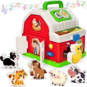 Montessori Toys for 1 2 3 Year Old Boys Girls, Musical Barn Farm Animal set for Toddler, Shape Sorting Educational Toy for Baby 12-18 Month, Learning Fine Motor Skills, Christmas Birthday Easter Gifts