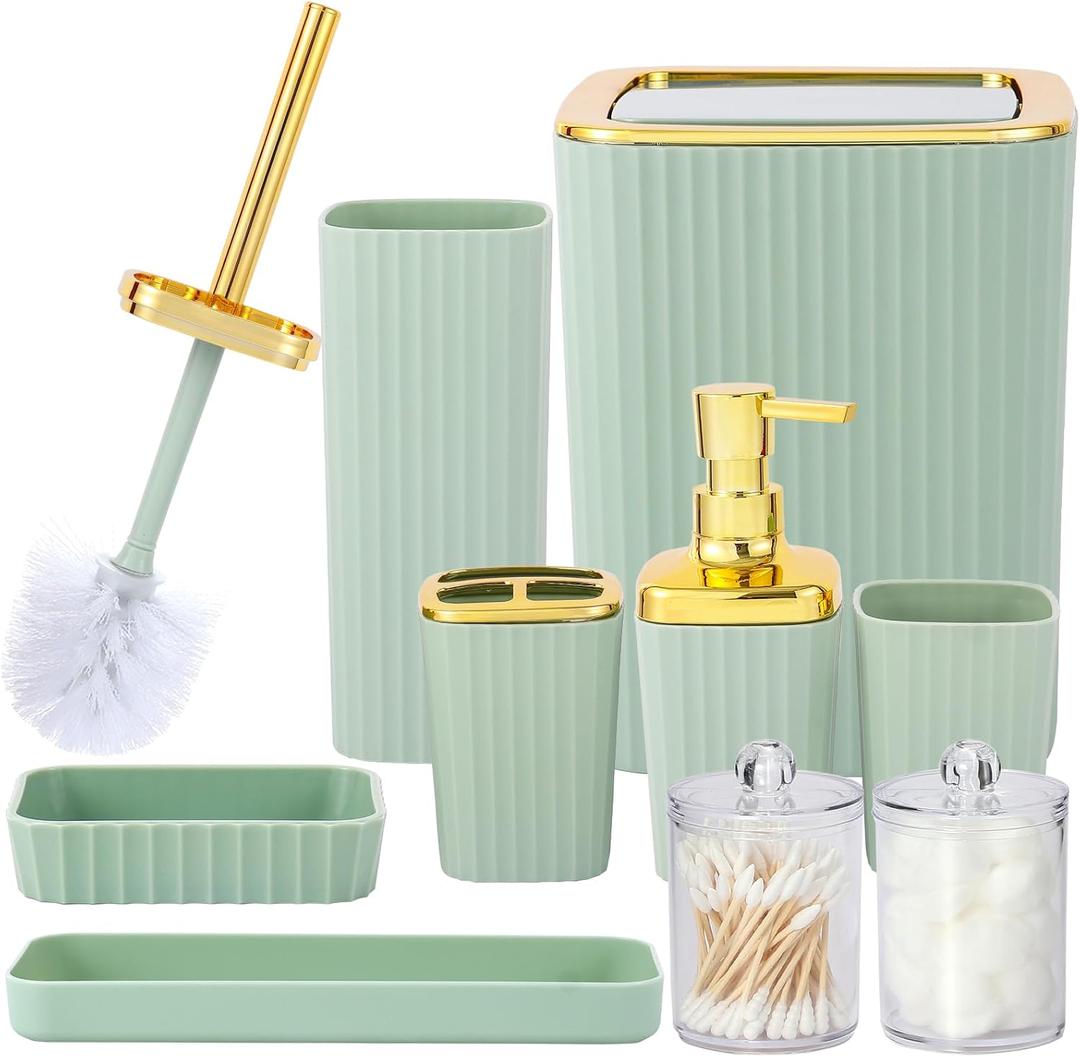Bathroom Accessory Set,9 Pieces Light Green Bathroom Accessories Set with Trash Can, Toothbrush Holder, Soap Dispenser, Toothbrush Cup, Vanity Tray, Soap Dish, Toilet Brush, Qtip Holder