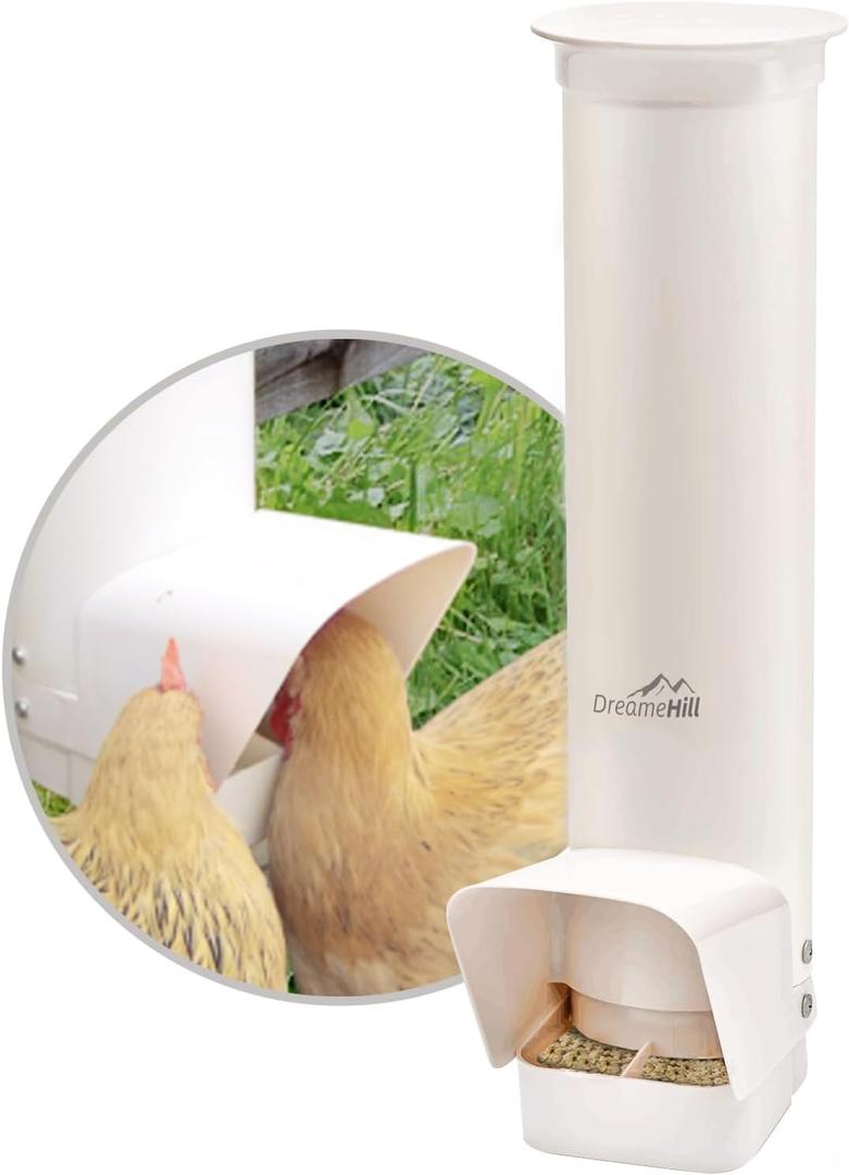 Automatic Chicken Feeder, 7lb Large PVC No Waste Chicken Feeder with Rain Cover, Weatherproof Solid Built Poultry Feeder, Easy to Install & Clean, Ideal for 4-6 Chickens