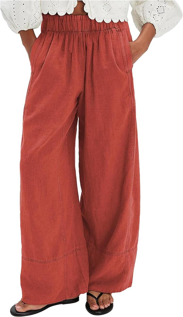 Womens Printed Striped Wide Leg Pants Elastic Waist Summer Boho Palazzo Beach Vacation Trousers Pockets (Small, Poppyred)