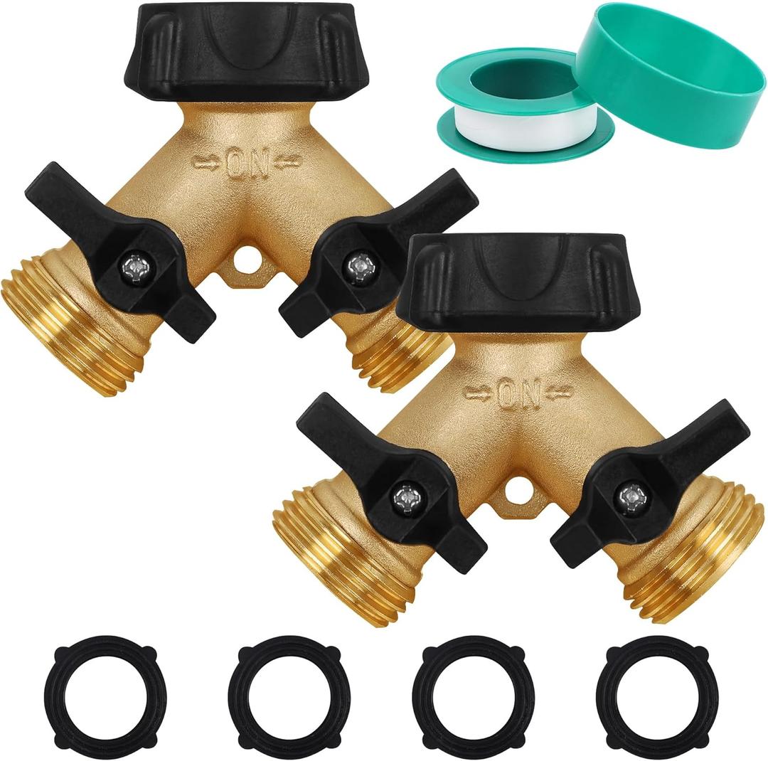 Biswing 2 Pack Garden Hose Splitter 2 Way, Heavy Duty Brass Connector Tap Splitter, Y Splitter 2 Valves with 4 Extra Rubber Washers