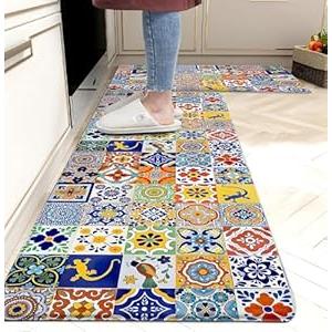 weesire Boho Kitchen Rugs Set 2 Pieces Memory Foam Colorful Ceramic Comfort Tile Floor Mat Anti Fatigue Non-Skid PVC Runner Rug Water & Oil Proof Carpet for Kitchen Laundry Sink, 17.3x28+17.3x47 Inch