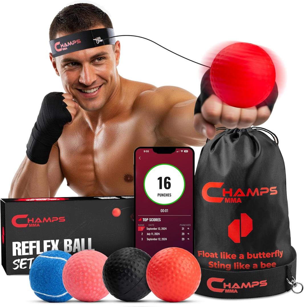 Champs MMA Boxing Reflex Ball Set with Punch Counter App | 4 Balls with Varying Weights, Headband & 4 Spare Strings to Improve Speed, Hand Eye Coordination Training | Boxing Equipment, MMA Gear Gift