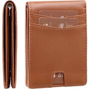 GSG Mens RFID Blocking Bifold Wallet Genuine Leather Slim Front Pocket Wallet with 10 Card Slots, Gift Box & Discreet Tracker Slot for AirTag or Similar Device, Black, Brown