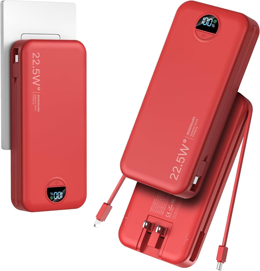 20000mAh Ultra-Portable-Charger-Power-Bank with Built-in Cables & AC Wall Plug, PD20W USB-C Fast Charging Cell Phone Charger Battery Pack, LED Display Travel Battery Bank for All iPhone, Samsung, Android (Red)